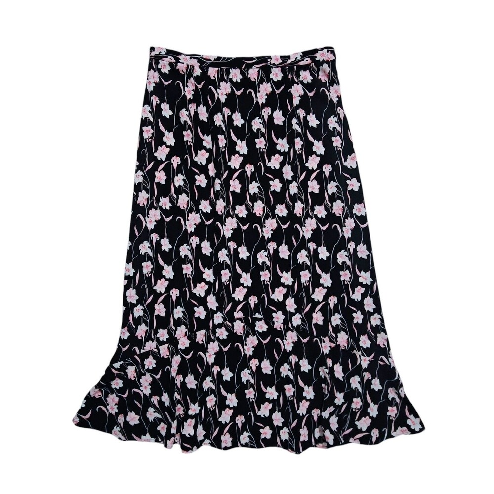 Vintage 90s Midi Skirt 16 XL Lilies Floral Black Pink Flared Whimsigoth Long